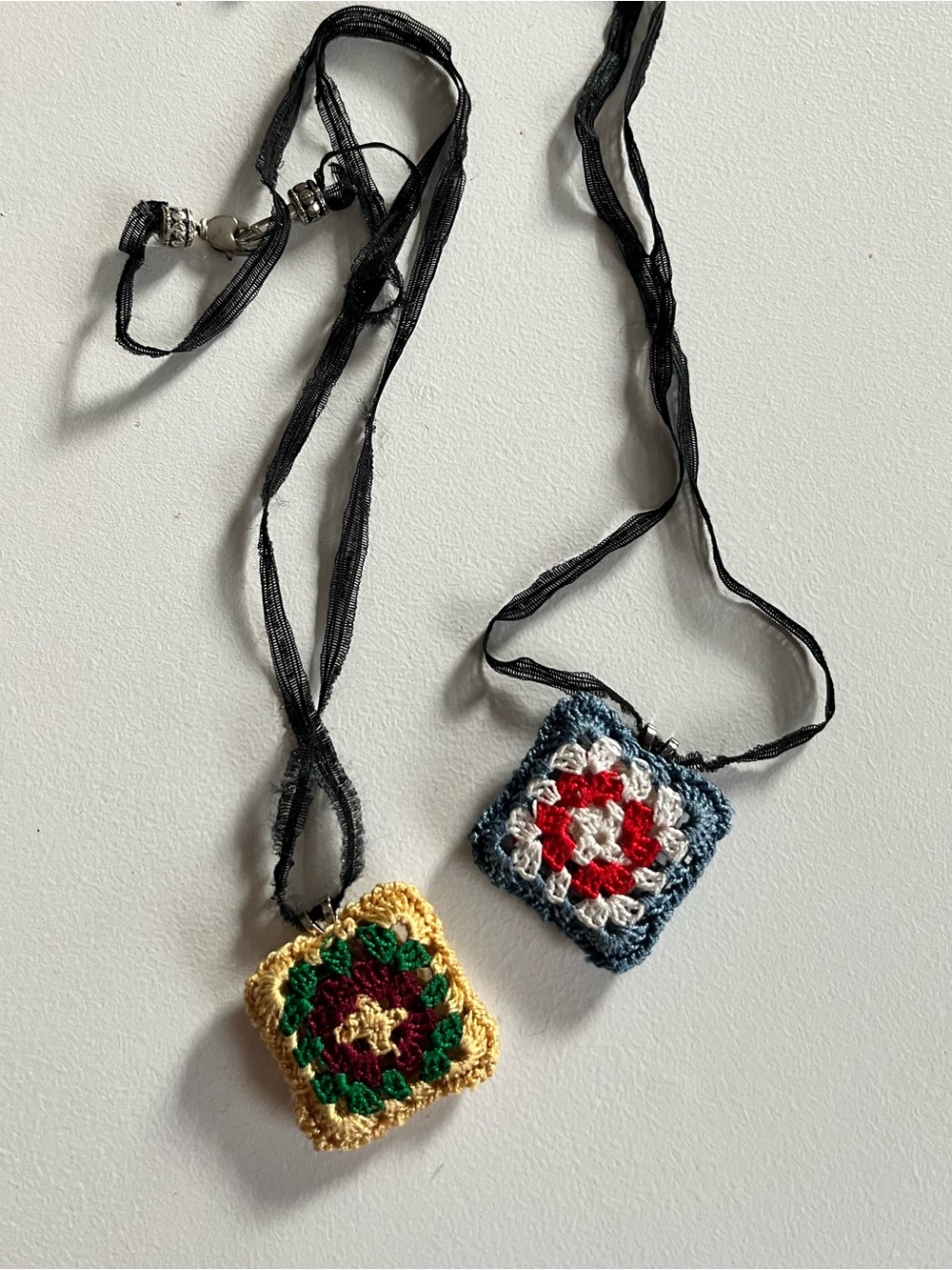 2 Vintage Granny Square Crochet Necklaces On Ribbon Boho Festival Jewelry 20”